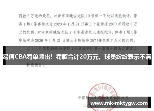 易信CBA罚单频出！罚款合计20万元，球员纷纷表示不满