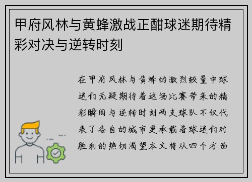甲府风林与黄蜂激战正酣球迷期待精彩对决与逆转时刻